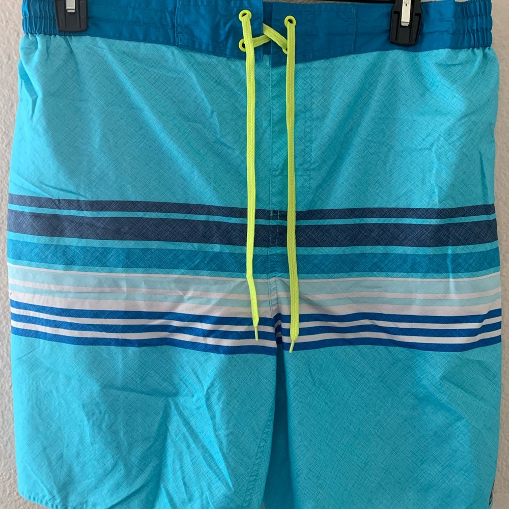 Laguna Men's Turquoise Stripe Swim Shorts with Neon Yellow Drawcord